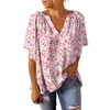 Blusas femininas estampa floral com decote em V t-shirt elegante design plissado solto ajuste verão top para mulheres streetwear moda