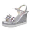 Sandales femme mode fleur bout ouvert sandales robe argent sandales femmes compensées plate-forme chaussures de fête femme 230719