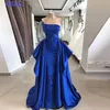 Arabic Royal Blue Prom Dresses 2021 Sexy Strapless Shinning Beaded Evening Gowns Satin Sweep Train Robe De Soiree Custom Made277e