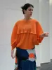 Frauen T-Shirts LANMREM Plissee Lose T-shirt Für Frauen Lange Ärmel Orange Farbe 2023 Sommer Batwing Stil Weibliche Mode Top 2DA1609