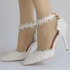 Crystal Queen Pearl White Spets Wedding Shoes With Fine Pointed Bride Pumps Dress High Heels 9cm Women's Party Sandals