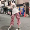 Kadın Pantolon Capris Japon sevimli kız küçük çilek baskılı pantolon yaz ince gündelik kırpılmış pantolon yüksek bel örtüsü geniş bacak pantolonları kadın 230719