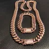 Catena da uomo con bracciale a maglie cubane, placcato in oro rosa 14 carati, chiusura con diamanti da 12 mm 296F