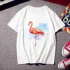 新しい夏のTシャツメンズアンドレディースラウンドネックルーズフラミンゴパターンホワイト半袖Tシャツトップ