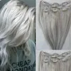 Clips In Hair Extensions Real Human Hairs Silver Grey Color Clip On For Full Head 7PCS 120g Silky Straight Weft Remy Hair208V