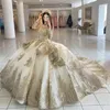 2023 Champagne Beaded Quinceanera Dresses Lace Up Appliqued Long Sleeve Princess Ball Gown Prom Party Wear Masquerade Dress GB1108247H