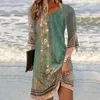 Casual Dresses Summer Dress Vintage Floral Print A-line Patchwork Feminine Three Quarter Sleeves Soft V Neck Above Knee Length For Any