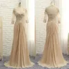 Betautiful Champagne Moeder van de Bruid Bruidegom Jurken 2022 Met Illusie 3 4 Mouwen Kant Sleutelgat Achterkant Appliqué Chiffon Lang Even2671