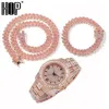 Hip Hop Baguette Montre Colliers Bracelet 12MM Glacé Pavé Strass Rose Miami Prong Chaîne Cubaine Pour Femmes Hommes Bijoux Chai248u