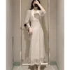 Abiti casual F RAGAZZE Abito vintage con scollo a V giapponese manica a bolle 2023 Primavera Estate Pizzo agganciato Abiti da donna Elegante vestibilità slim lunga