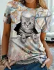 Summer New Animal Series Impressão Digital Masculina e Feminina Manga Curta T-shirt Cracked Cat Personality Gola Redonda