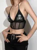 Camisetas sin mangas para mujer 2023 Dark Skull Rhinestone Emo con cuello en V Camisola Halter Mall Gothic Grunge Sexy Backless Mujeres Crop Tops Mesh Sheer Splice