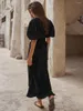 Work Dresses Summer Outfits For Women 2023 Black Ruffled Linen Long Skirts Sets 2 Pieces Puff Sleeve Sexy Crop Tops Slit Suits