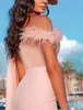 Party Dresses Arabic Jumpsuit Pink Evening Dress 2023 With Feather Elegant One Shoulder Satin Wrap Pant Suit Prom Chic Engagement Wear