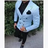 Herrdräkter blazers senaste kappa byxor design casual gentleman dubbel breasted män himmel blå jacka strand bröllop mens groom2691