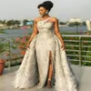 Aso Ebi Style Sirène Robes De Soirée De Bal Overskirt Train 2021 Une Épaule Argent Dentelle Plus La Taille Formelle Soirée Occasion Robes Ves251U