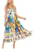 Robe longue fantaisie de styliste australien pour femmes, motif abstrait, taille froncée, sans manches, 2023