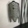 Brillant strass t-shirt femmes Sexy maille body été mode transparent body femme combinaison