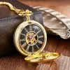 Pocket Watches Luxury Golden Love Wings Mechanical Pocket Watch Men Women Fob Chain Unique Hollow Design Skeleton Double Side Hand Winds 230719