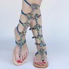 Sandaler Summer Flats Sandal Gladiator Gold Knee High Buckle Strap Woman Boots Crystal Beach Shoes Plus Size 43 230719