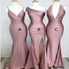 2022 Real Po Mode Dusty Rose Lange Bruidsmeisjesjurken Mermaid Hoge Split V-hals Halter Een Schouder Wedding Party prom Formele 3593