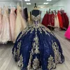 2022 Glitter Azul Marinho e Dourado Enfeitados Vestidos de Baile Vestido de Baile Fechadura Costas Espartilho Blingling Quinceanera Sweet 15 Dres315r