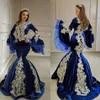 2020 Vestidos de Baile Árabes Muçulmanos Azul Royal Azul Com Champange Applique Sexy Plus Size Vestidos de Noite Longos Sereia Vestido de Festa Formal2508