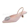 Sandals Women Shoes Summer Pumps Mules Pointed Toe Shallow Nude Pink Diamond Low Heel Back Strappy Party Wedding