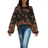 Suéteres femininos outono/inverno estampa de leopardo color block fashion decote redondo pulôver de tricô com capuz dividido