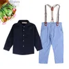 Clothing Sets Boys and Children's Spring and Autumn Gentlemen's Blue Shirt Top+Strap Pants Two Piece Children's Wear ins T230720