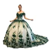 2023 Hunter Green Nude Prom Sweet 16 Dresses Ball Gown Floral 3D Flowers Pärlor Täckade av axeln Quinceanera Dress Plus Siz3013