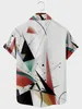 Erkek Girmiş Gömlek Kısa Kollu Yakel Gömlek Büyük Boy 8 3D Geometrik Baskı Cep Harajuku Stil 230720