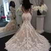 2021 Illusion długie rękawy Pełne koronkowe sukienki ślubne syreny Tiul Court Pociąg ślubne z przyciskami311k
