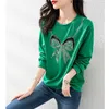 Moletons Femininos 2023Primavera Auutmn Moda Coreana Chique Laço Strass Verde Manga Longa Algodão Top Feminino Casual Solto Moletom Roupas