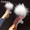 Sandaler Eilyeken Feather Fur PVC Transparent High Heels Woman Slippers Point Toe Mules Lady Pumps Slides Stripper White Shoes L230720