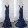 Robes de demoiselle d'honneur marine sexy col en V profond avec bretelles dos nu paillettes scintillantes sirène pas cher mariage invité fête bal robe formelle C324p