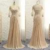 Betautiful Champagne Moeder van de Bruid Bruidegom Jurken 2022 Met Illusie 3 4 Mouwen Kant Sleutelgat Achterkant Appliqué Chiffon Lang Even2671