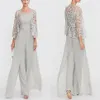 Dwa kawałki Jumpsuits Mother of the Bride sukienki z koronkową kurtką srebrną szarą szyfonową długie wieczorne sukienki imprezowe spodnie plus size228o