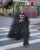 Classic Black African Girls Blazer Pants with Detachable Train Sexy V Neck Tiered Tulle Skirts Celebrity Evening Gowns Long Sleeves Red Carpet Formal Wear AL8556