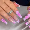 Unhas postiças 24 pçs wearable bailarina falsa com cola azul strass quadrado caixão moda imprensa em dicas de unhas para mulheres