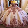 Rose Gold Sweetheart Quinceanera klänningar spets applicerad paljett bollklänning prom klänning söt 16 vestidos 15 anos2447