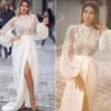High Collar White 2019 Evening Dresses Mermaid Lace Applique Illusion Long Sleeves Formal Party Gowns Side Split Sexy Prom Dress307E