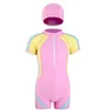 Front Zipper One Piece Swimsuit Short Sleeve Bathing Girls Children Swimwear Boys Swimming Suit for Kids Baby Rashguard New231V