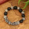 Feng Shui Lucky Plated Antique Silver Double Pixiu Braceu nuthural Stone Obsidian Beads Bracelet for Men3212