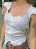 Women's T Shirts White Lace Square Collar Crop Top Shirt Cute Princess Flower Tshirt Cropped Breasted Short Sleeve