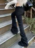 Dames Jeans Weekeep Gothic Gestapelde Broek Streetwear Zwart Skinny Hoge Taille Capri Plooien Denim Punk Stijl Casual Broek