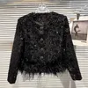 Women's Jackets KoHuiJoo Patchwork Feather For Women Ladies Heavy Sequined Coat Fashion O Neck Long Sleeve Overcoat Black White