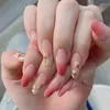 False Nails 24Pcs Simple Pink Press On Shiny Glitter Nail Long Almond Fake With Glue Wearable Acrylic Full Cover Tips