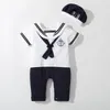 Rompers Baby Navy Romper Summer Born Kids Boys Girls Sailor Jumpsuit Hat 2st Body Short Sleeve Anchor Printed Suit 230720