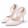Crystal Queen Pearl White Spets Wedding Shoes With Fine Pointed Bride Pumps Dress High Heels 9cm Women's Party Sandals